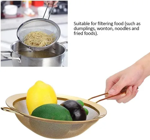 Vista 9 de Juego de 3 coladores de malla fina, colador dorado para exprimir jugo de acero inoxidable, juego de 3 coladores de malla fina con asa para cocina
