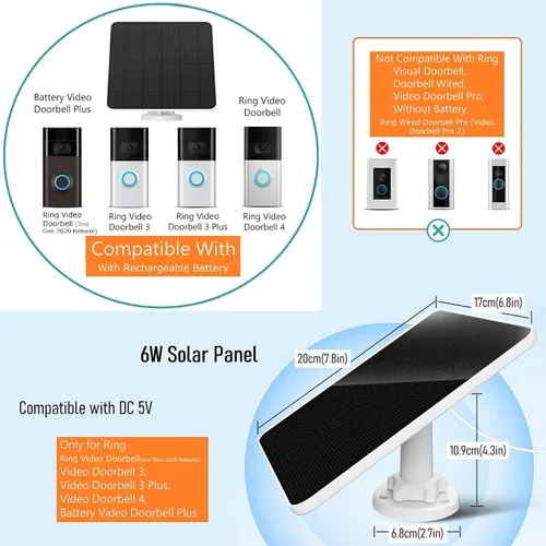 Vista 2 de Panel solar de 6 W para timbre de timbre, cargador solar para timbre de video en anillo (2ª generación 2020), timbre de video 3/3 Plus/4, timbre