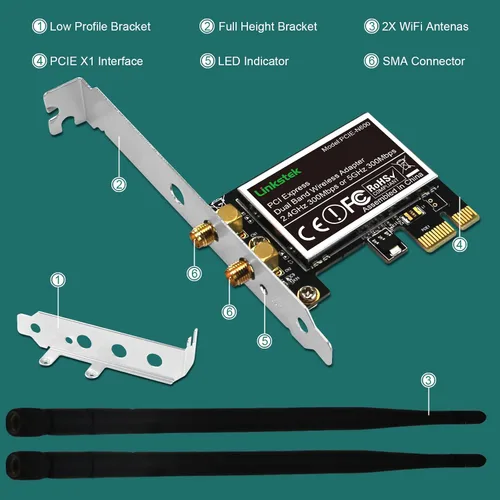 Vista 6 de PCIE-N600 Wireless N 600Mbps (2.4GHz 300Mbps y 5GHz 300Mbps) Adaptador WiFi PCIE, tarjeta WiFi PCIE, adaptador de red inalámbrica QUALCOMM Atheros