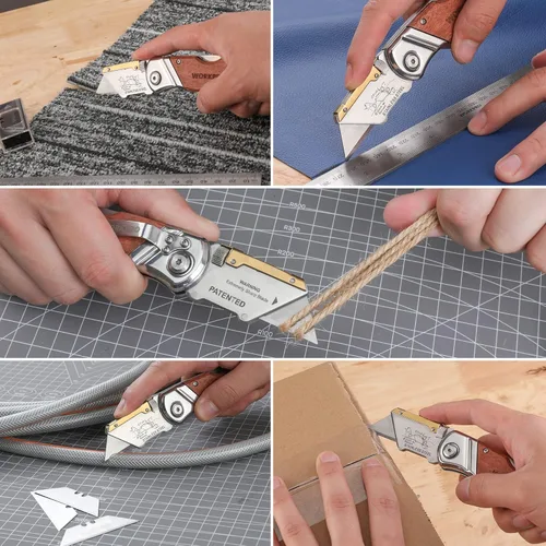 Vista 9 de WORKPRO Cuchillo utilitario plegable con clip para cinturón y cuchillas adicionales de 10 piezas, mango de madera, cortador resistente, cambio