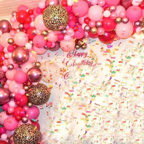 Vista 4 de Decoraciones de cumpleaños con estampado de guepardo rosa, 133 piezas de globos dorados con estampado de leopardo rosa intenso, kit de arco
