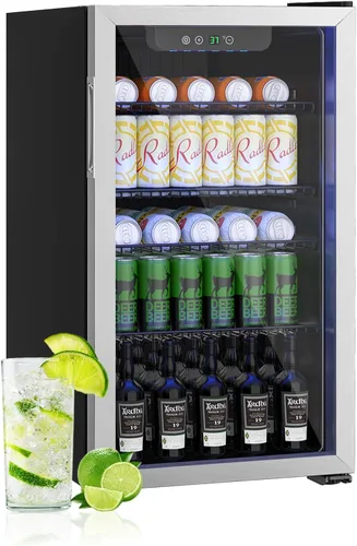 Vista 9 de Erivess - Refrigerador compacto independiente para bebidas, mini refrigerador para 24 latas/0.9 pies cúbicos con puerta frontal de vidrio reversible