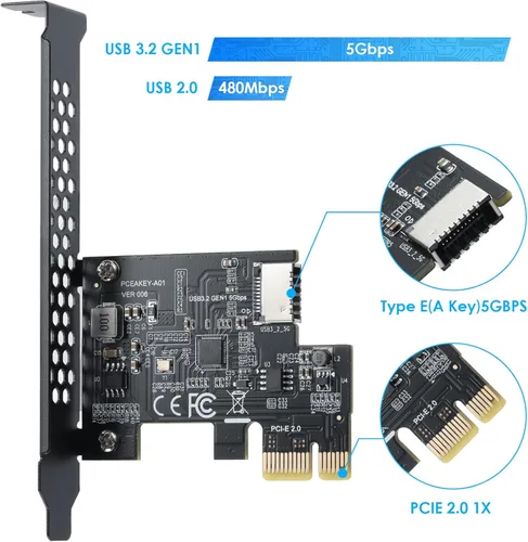 Vista 3 de Tarjeta de expansión PCI-E 1X a USB 3.2 GEN1 5Gbps Type-E A-Key, interfaz de panel frontal Type-C para PC de escritorio (ASM1042A)