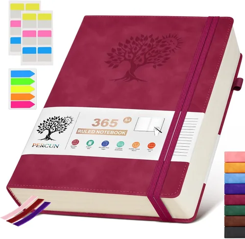 Vista 23 de PERCUN Cuaderno rayado A4, 365 páginas de gran tamaño, cuadernos de cuero para escribir para mujeres y hombres, cuaderno de tapa dura con páginas