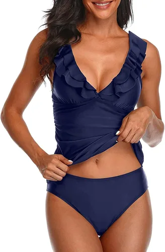Vista 3 de Yonique Traje de baño de 2 piezas con volantes falbala para mujer, cuello en V profundo