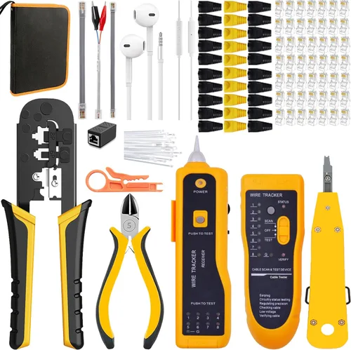 Vista 7 de TAIWAIN Juego de herramientas de crimpado de red RJ45 CAT5 CAT6, cortador de crimpado de pelacables de paso para cable LAN, kit de conector de Rojo