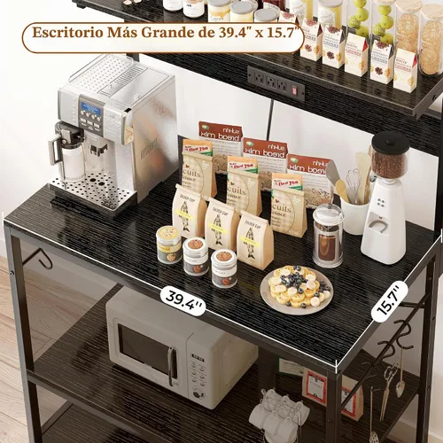 Vista 5 de SUPERJARE - Estante para panaderos con tomas de corriente, soporte para microondas de 39.4 x 14.3 pulgadas, estante de almacenamiento con estante