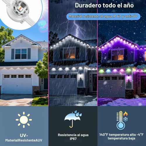 Vista 3 de Luces permanentes para exteriores de la casa, 200 pies, RGB+IC, luces inteligentes para aleros con color DIY, IP67 impermeables, control