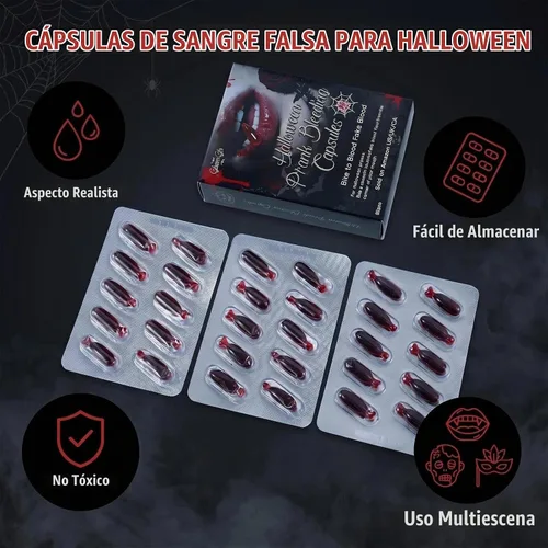 Vista 3 de 30 cápsulas de sangre falsa vampiro accesorios de terror Halloween