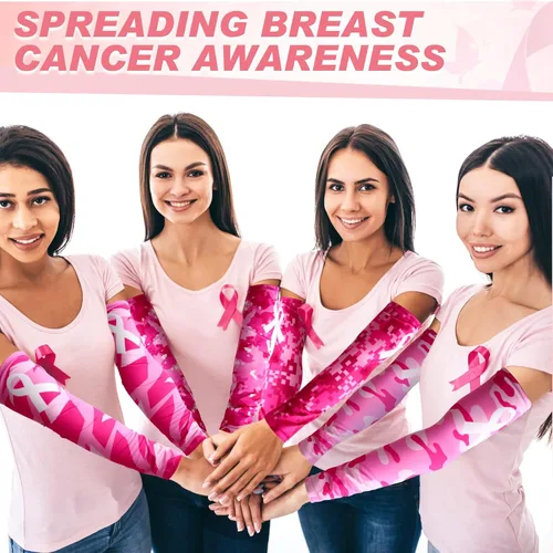 Vista 5 de Xtinmee 24 pares de mangas de concientización sobre el cáncer de mama, cinta rosa, compresión deportiva de compresión, mangas de brazo