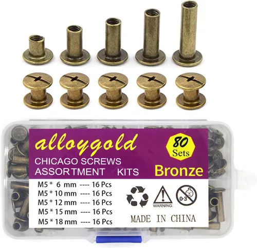 Vista 8 de ALLOYGOLD Tornillos Chicago de bronce remaches de cuero surtidos, 8 tamaños de remaches de tornillo, tornillos Chicago para decorar y reparar cuero