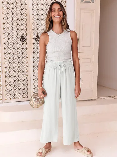 Vista 9 de ANRABESS Pantalones de lino para mujer, casuales, holgados, de cintura alta, bohemios, pierna ancha, pantalones de playa estilo palazzo, trajes