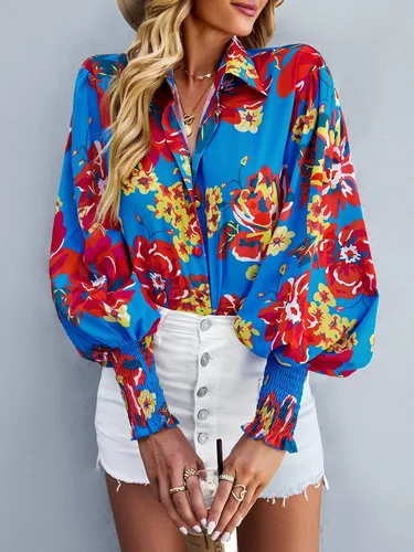 Vista 4 de ANRABESS Blusa de manga larga abombada con estampado floral para mujer cuello abotonado casual holgada ajuste relajado