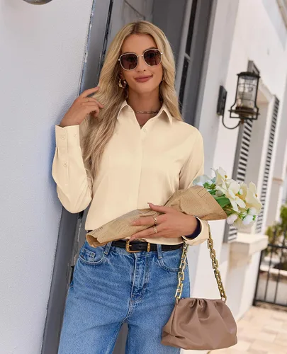 Vista 2 de Gleeivy Camisa con botones para mujer, solapa con botones ocultos, ligera, transpirable, resistente a las manchas, manga larga, trabajo e informal