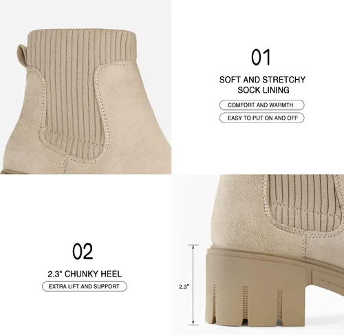 Vista 4 de JABASIC Botas de tobillo gruesas para mujer, botas Chelsea elásticas