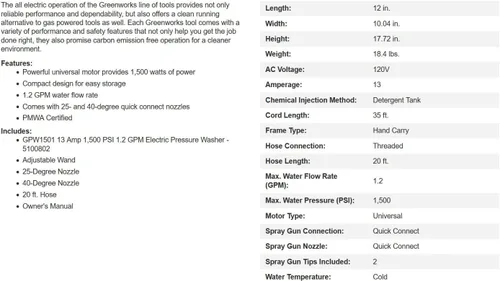 Vista 9 de Lavadora a presión Greenworks de 1500 PSI 1.2 GPM (vertical portátil) Certificada PWMA