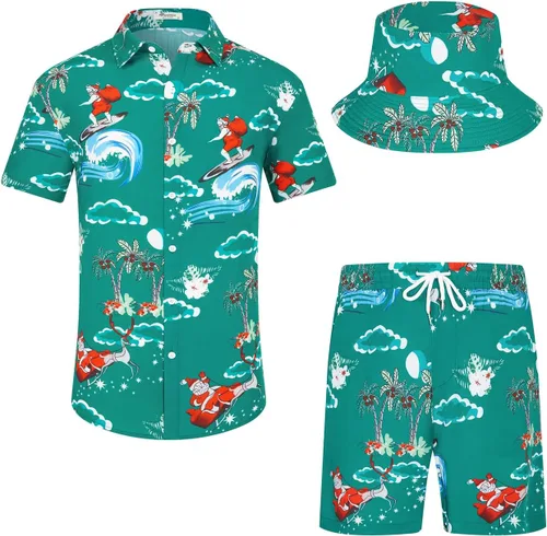 Vista 20 de EISHOPEER Conjunto hawaiano de flores para hombre, camisa de manga corta y pantalones cortos, trajes con sombreros de pescador