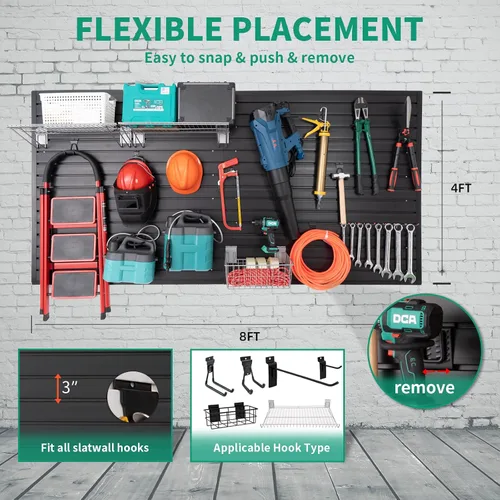 Vista 5 de Panel Slatwall para Garaje - Sistemas de Almacenamiento de Pared Ranurada con 26 Accesorios Slatwall, Paneles de Pared Ranurada de PVC Negro