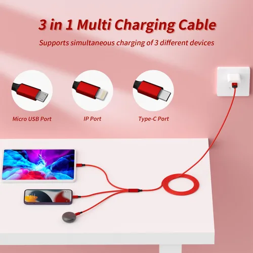 Vista 9 de Cable de carga múltiple 3 en 1, paquete de 2 cables USB de nailon trenzado