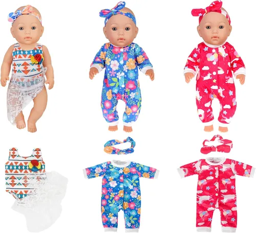 Vista 4 de ebuddy Paquete de 10 ropa de muñeca de bebé para muñecas de 15 a 17 pulgadas, lindos trajes de muñeca con diademas, juego de ropa de muñeca de moda