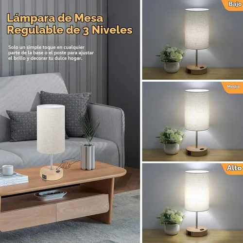 Vista 3 de Lámparas de mesita de noche con 2 puertos de carga USB y salida de CA, juego de 2 mesas de noche con base de madera de control táctil, lámparas Crema