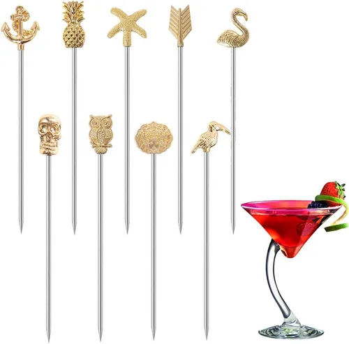 Vista 10 de Juego de 9 palillos de cóctel de Martini reutilizables de aceituna para adornar brochetas de frutas (plata antigua)