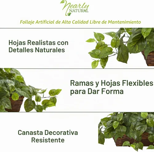 Vista 4 de Nearly Natural Planta de hiedra Pothos artificial de 34 pulgadas con cesta de repisa