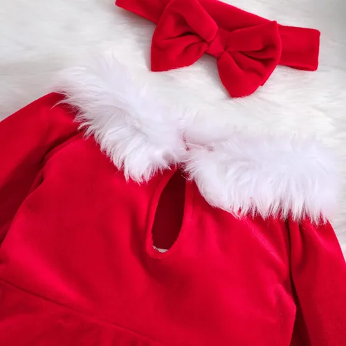 Vista 18 de WASAIGOOD Mameluco de Navidad para bebé niña, vestido de manga larga con ribete de piel, traje de terciopelo para Navidad, enterizo de invierno
