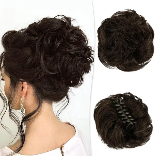 Vista 9 de RUWISS Extensiones de cabello humano real, ondulado y rizado, moño despeinado, cola de caballo para mujer (12H24# castaño rojo/rubio mediano)