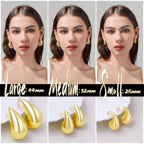 Vista 3 de Aretes de aro gruesos de oro para mujer, aretes ligeros de lágrima de plata de ley 925, aretes grandes chapados en oro, aretes de gota de agua