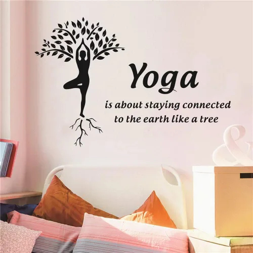 Vista 2 de Adhesivo de pared de árbol de yoga de 23 x 33 pulgadas, calcomanía de vinilo con cita para fitness y meditación, conectado a la tierra como un