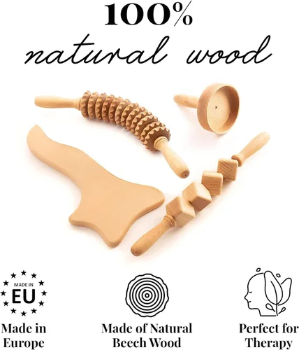 Vista 3 de Tuuli Accesorios - Juego de 4 masajes de madera, incluye rodillo muscular, taza de masaje para celulitis y herramienta de drenaje linfático, ayuda a