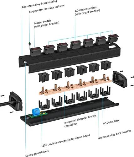 Vista 8 de CRST Regleta de alimentación de metal de 6 tomas con interruptores individuales, protector contra sobretensiones montable para garaje, taller