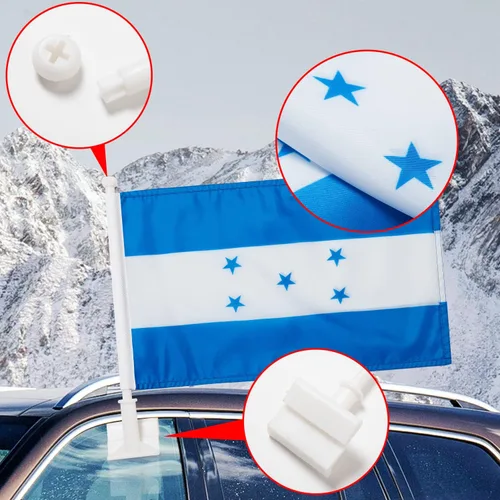 Vista 3 de Paquete de 2 banderas de automóvil, bandera de Honduras para exteriores con bandera hondureña y mástil, el clip para ventana con logotipo
