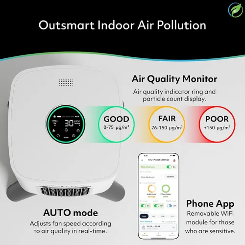 Vista 7 de Purificador de aire Air Oasis iAdaptAir 2.0 con filtro HEPA H13 reduce el 99% de virus, moho, polvo, humo, polen y olores, el más silencioso