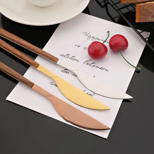 Vista 8 de JASHII Juego de cubiertos de mango de madera, 20 piezas de cubiertos de acero inoxidable, pulido con espejo, juego de cucharas y tenedores