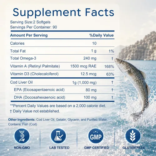 Vista 2 de Aceite de hígado de bacalao 180 cápsulas blandas, 1,000 mg por porción