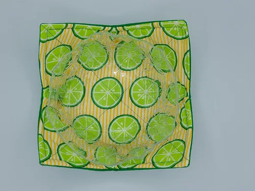 Vista 9 de Cuenco reversible para microondas con diseño de rayas de lima, color amarillo, verde, brillante, ropa de cocina tropical, hecha a mano, inauguración