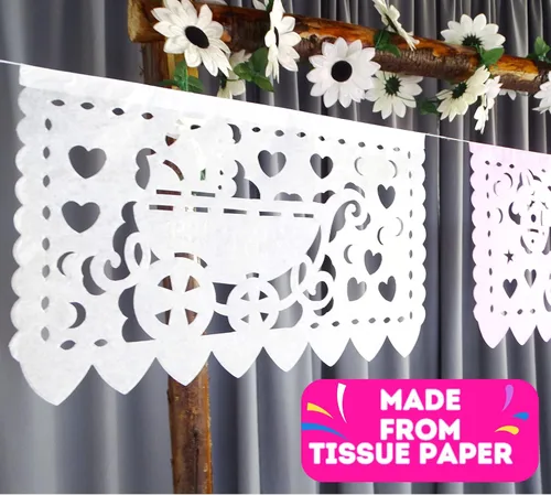 Vista 4 de Pancartas de fiesta de baby shower de niña rosa/blanca – Decoraciones de baby shower rosa Fiesta Papel Picado, guirnaldas de papel con serpentinas