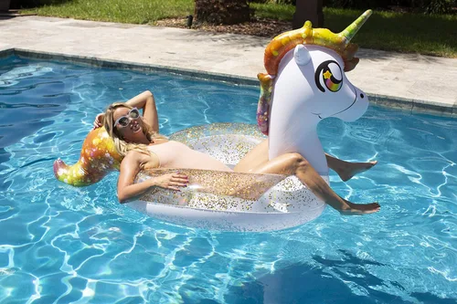 Vista 4 de PoolCandy Paquete inflable de fiesta de animales con purpurina – Combo de un hermoso animal con purpurina más un flotador de bebida animal