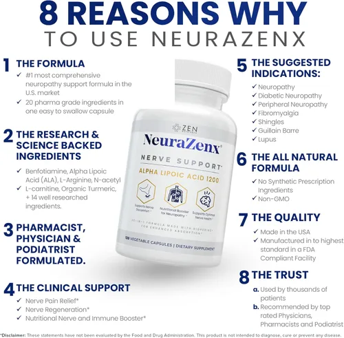 Vista 3 de Zen Nutrients NeuraZenX Suplemento de Apoyo Nervioso y Apoyo para Neuropatía Periférica con 1200mg de Ácido Alfa Lipoico (ALA), Benfotiamina
