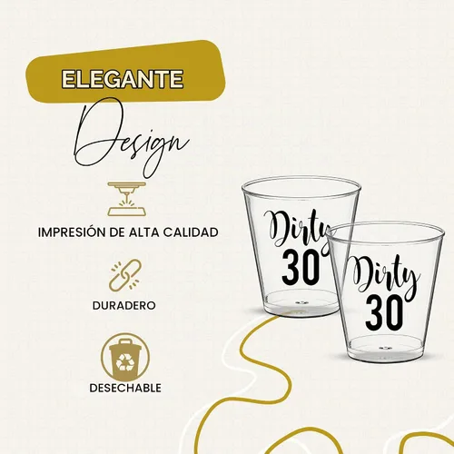 Vista 4 de Decoraciones de cumpleaños de Dirty 30 para ella y él, vasos de chupito de 100 piezas - plástico