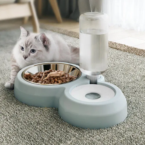 Vista 4 de Juego de cuencos para perros y cachorros con dispensador de agua y tazón de acero inoxidable, tapete antideslizante, comedero desmontable para Azul