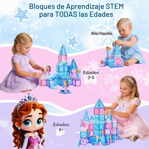 Vista 5 de GobiDex 100 azulejos magnéticos de castillo de princesa con 4 muñecas y escaleras, bloques de construcción magnéticos de princesa para niños de 3 a