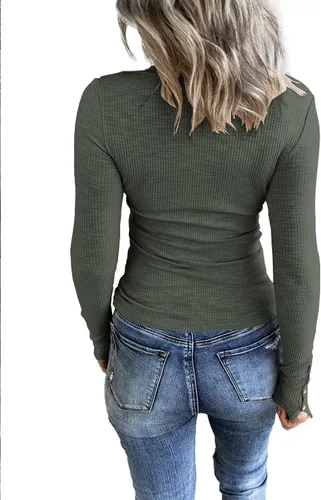 Vista 2 de KINLONSAIR Women Long Sleeve Henley Shirts Scoop Neck T-shirt Basic Tops Verde militar