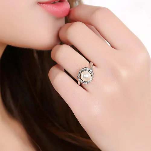 Vista 4 de Acefeel Anillos de perlas de cóctel de moda para mujer, anillo de declaración de joyería R103, Oro blanco Aleación de cobre, Perla sintética