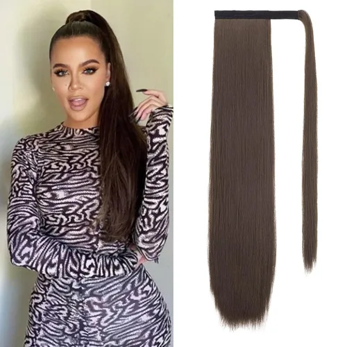 Vista 30 de Extensión de cola de caballo con clip alrededor del cabello lacio para mujer (12 pulgadas, negro)