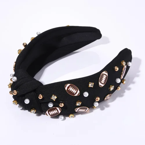 Vista 8 de Diadema de fútbol para mamá, accesorios de perlas con diamantes de imitación anudados, banda ancha para el pelo negra, diadema de nudo superior