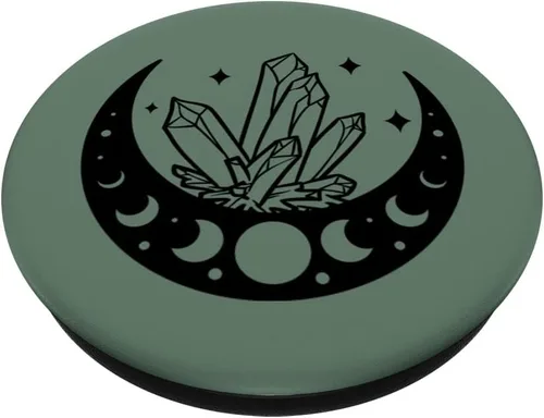 Vista 2 de Fase lunar y cristales mágicos de bruja linda verde oliva PopSockets intercambiables PopGrip