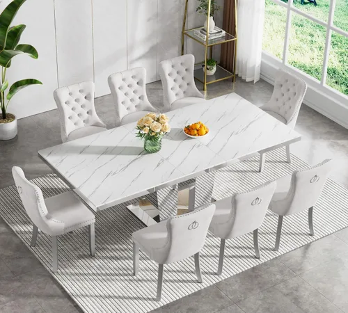 Vista 105 de Juego de mesa de comedor extensible de 5 piezas, juego de mesa de comedor extensible de estilo granja para 4, mesa de cocina expandible de madera
